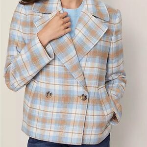Ann Taylor Light Blue and Tan Checkered Pea Coat